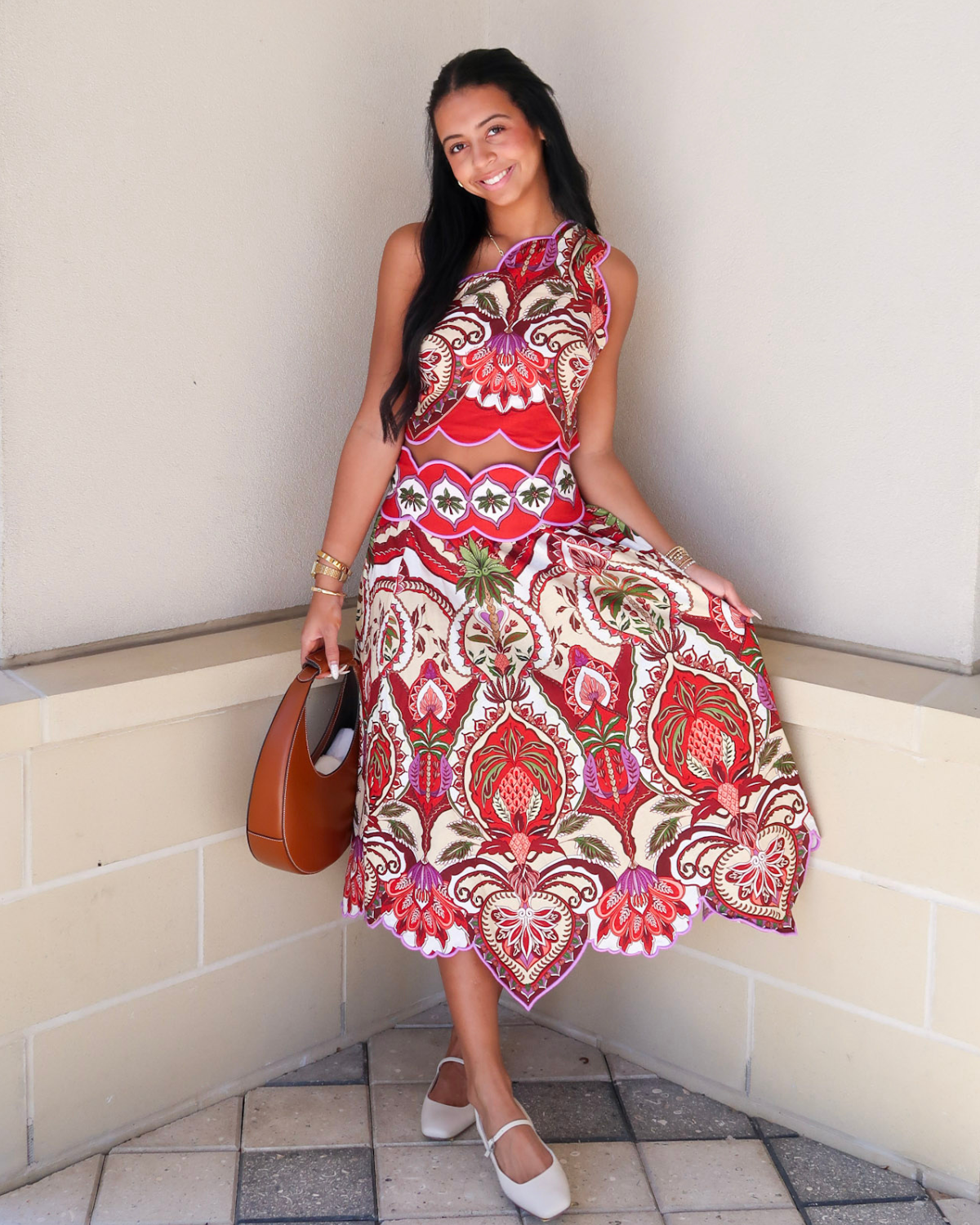 Farm Rio Red Odara Scallops One-Shoulder Top