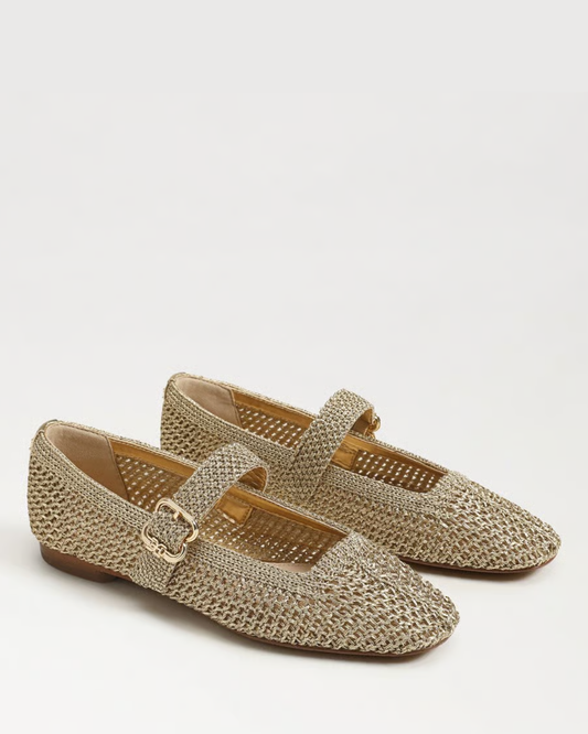 Sam Edelman Michaela Knit Mary Jane Flat | Amber Gold Woven Fabric