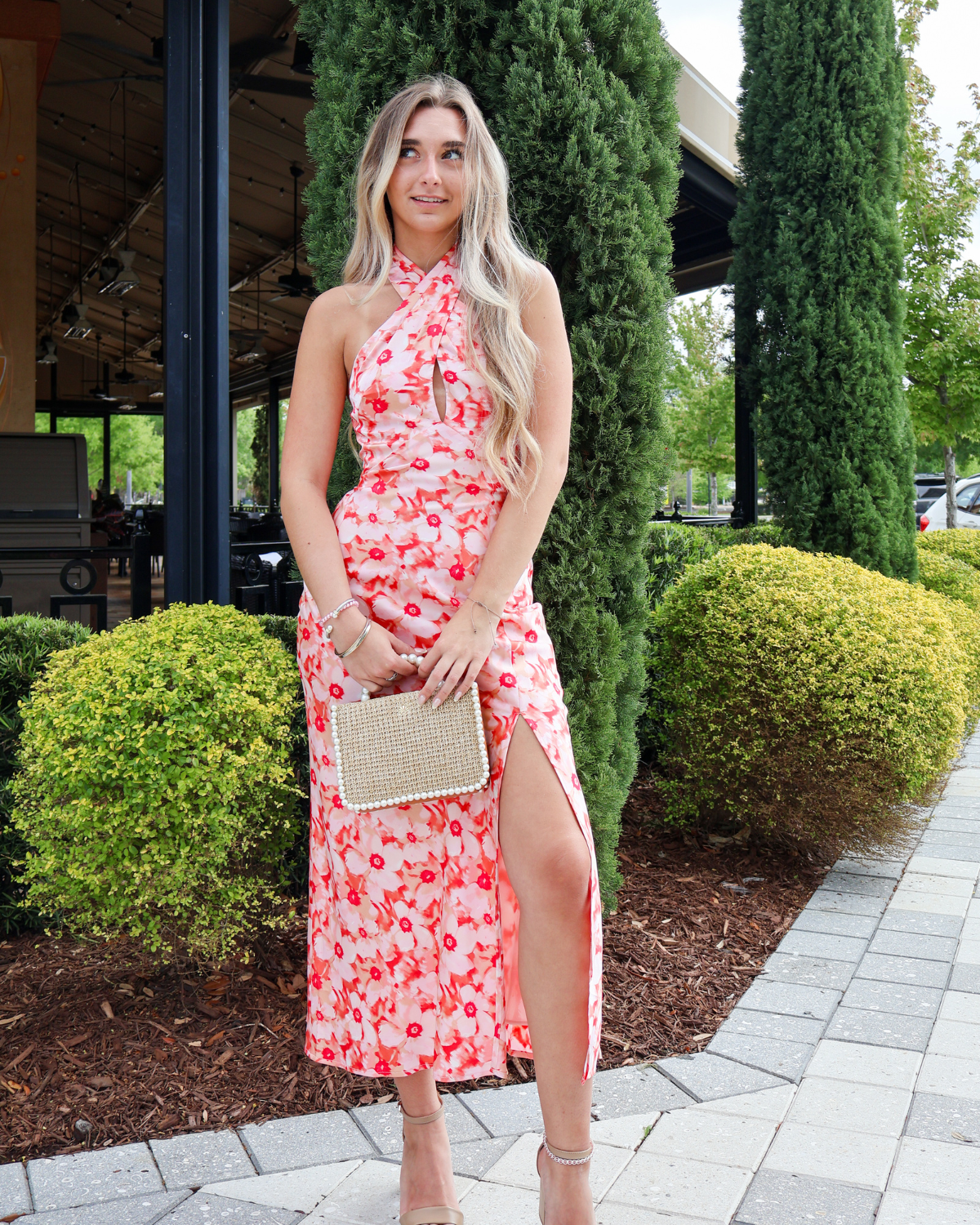 ASTR Marissa Floral Halter Neck Dress | Coral Floral