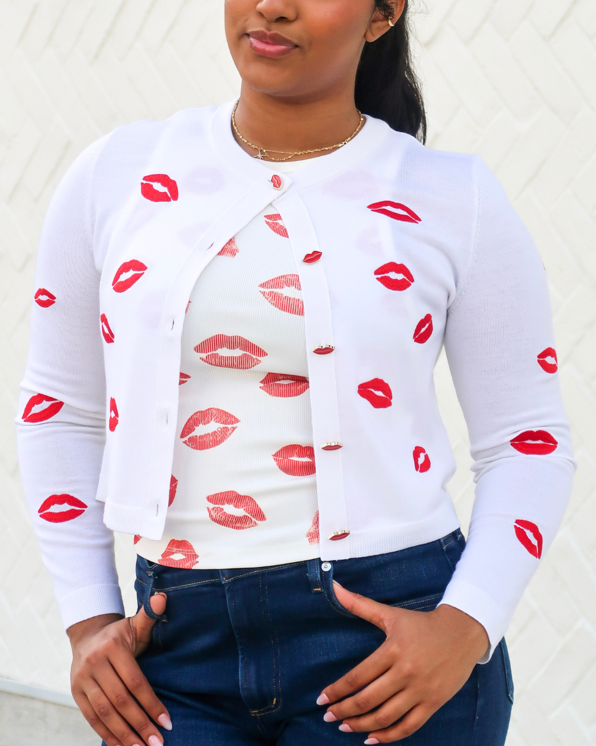 Alice + Olivia Daroda Lip Cardigan | Soft White Multi