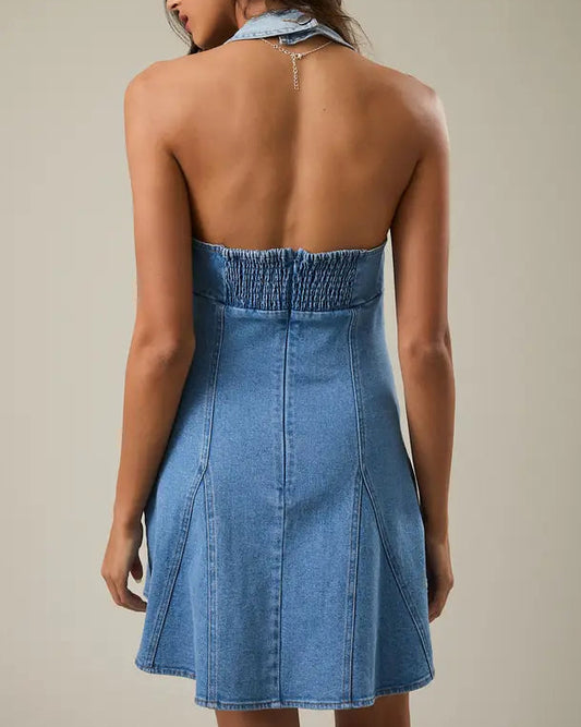 Le Lis Halter Neck Denim Mini Dress
