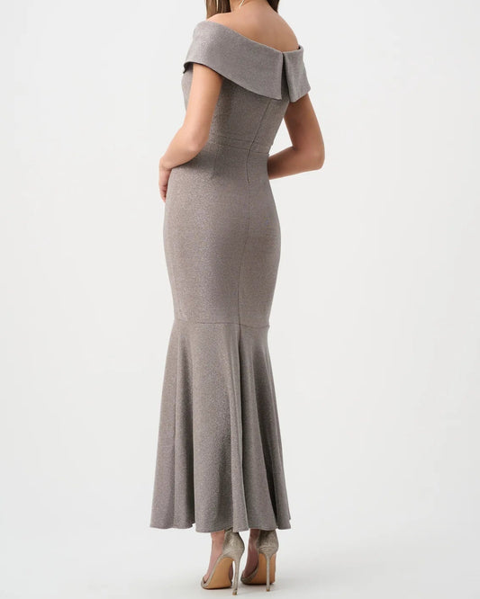 Joseph Ribkoff Off-Shoulder Sparkle Knit Gown | Taupe