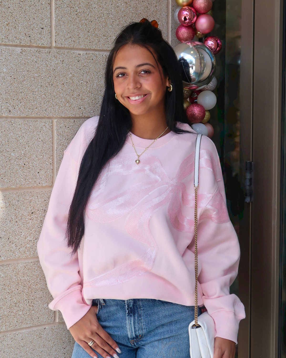 Love Shack Fancy Palo Sequin Bow Fleece Pullover | Wistful Pink