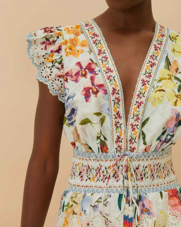 Farm Rio Off-White Greek Garden Smocked Blouse