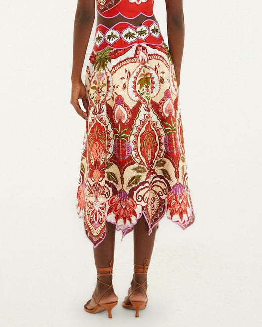 Farm Rio Red Odara Scallops Midi Skirt