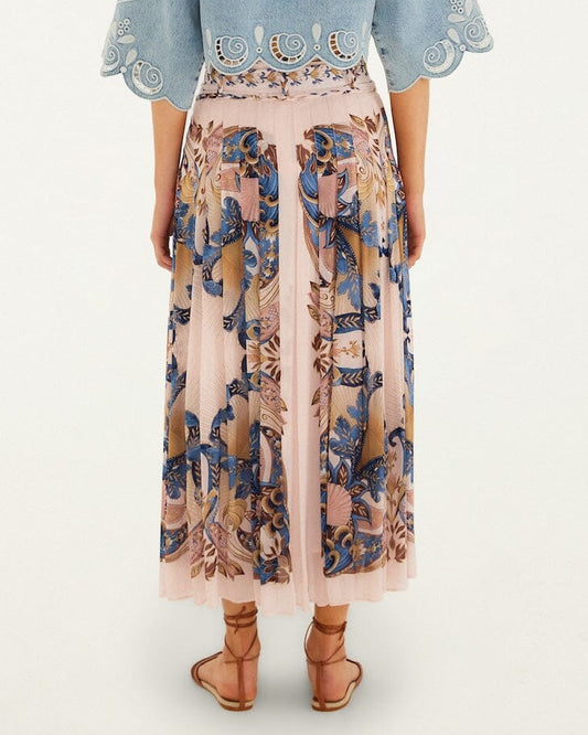 Farm Rio Soft Pink Sea Garden Scarf Pleated Maxi Skirt