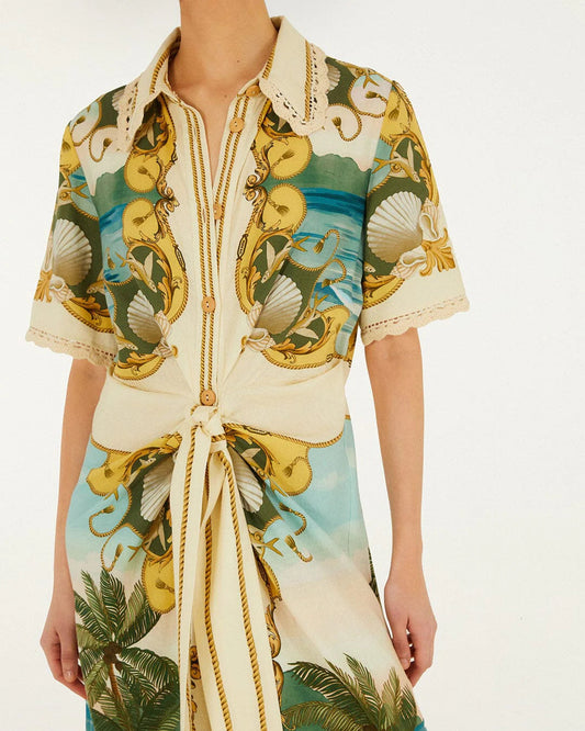 Farm Rio Off-White Royal Sea Collared Midi Dress