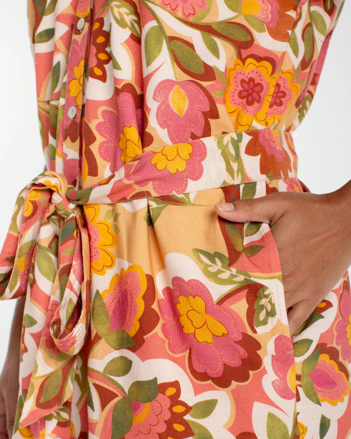 Liverpool Short Sleeve Shirred Button Front Woven Dress | Tan Floral Multi