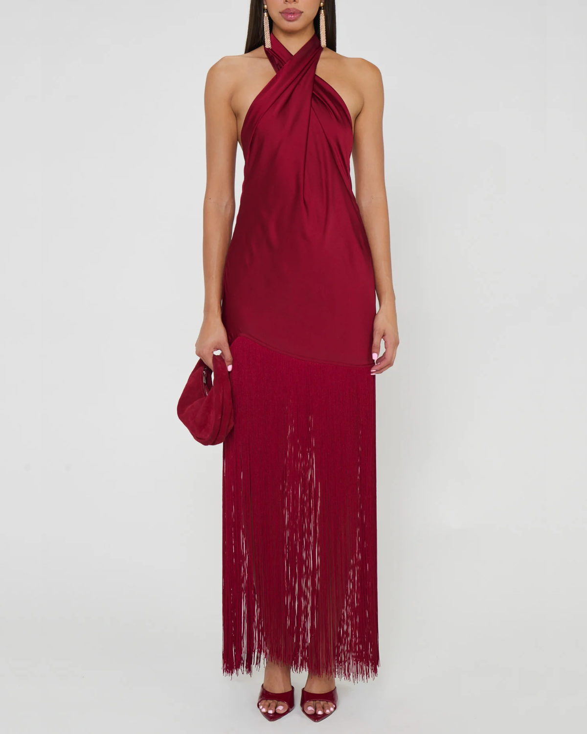 Show Me Your Mumu Jasmine Fringe Maxi Dress | Cranberry Luxe Satin