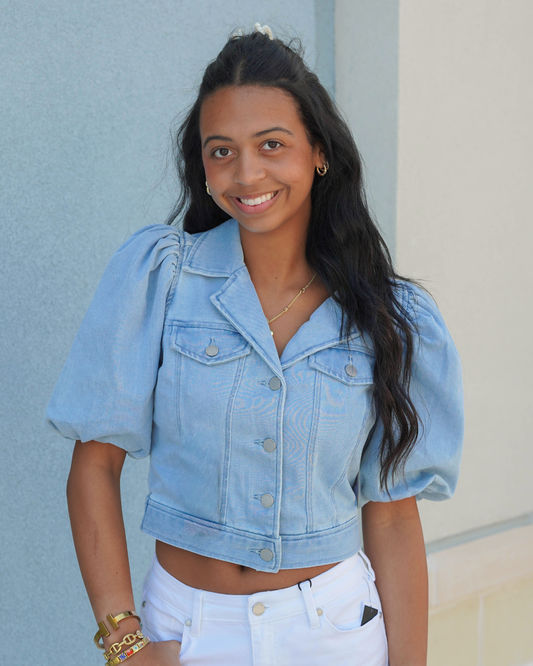 Liverpool Puff Sleeve Cropped Trucker Jacket | Marine Sea