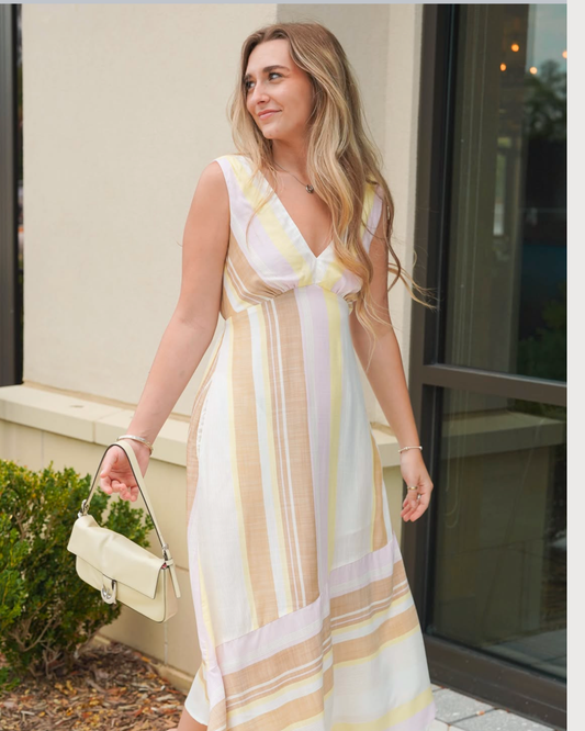 Liverpool Sleeveless V-neck Handkerchief Dress | Neapolitan Stripe