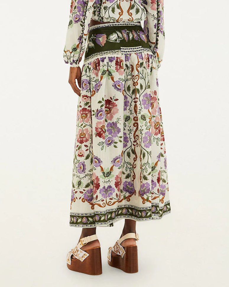 Farm Rio Cream Rococo Flowers Lace Buttoned Midi Skirt