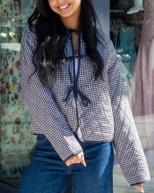 Mink Pink Blue Tie Front Reversible Quilted Jacket | Navy/White
