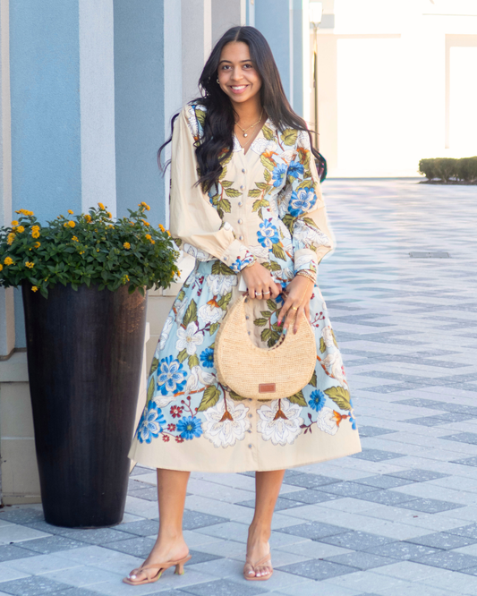 Farm Rio Sand Garden Scarf Long Sleeve Organic Cotton Midi Dress