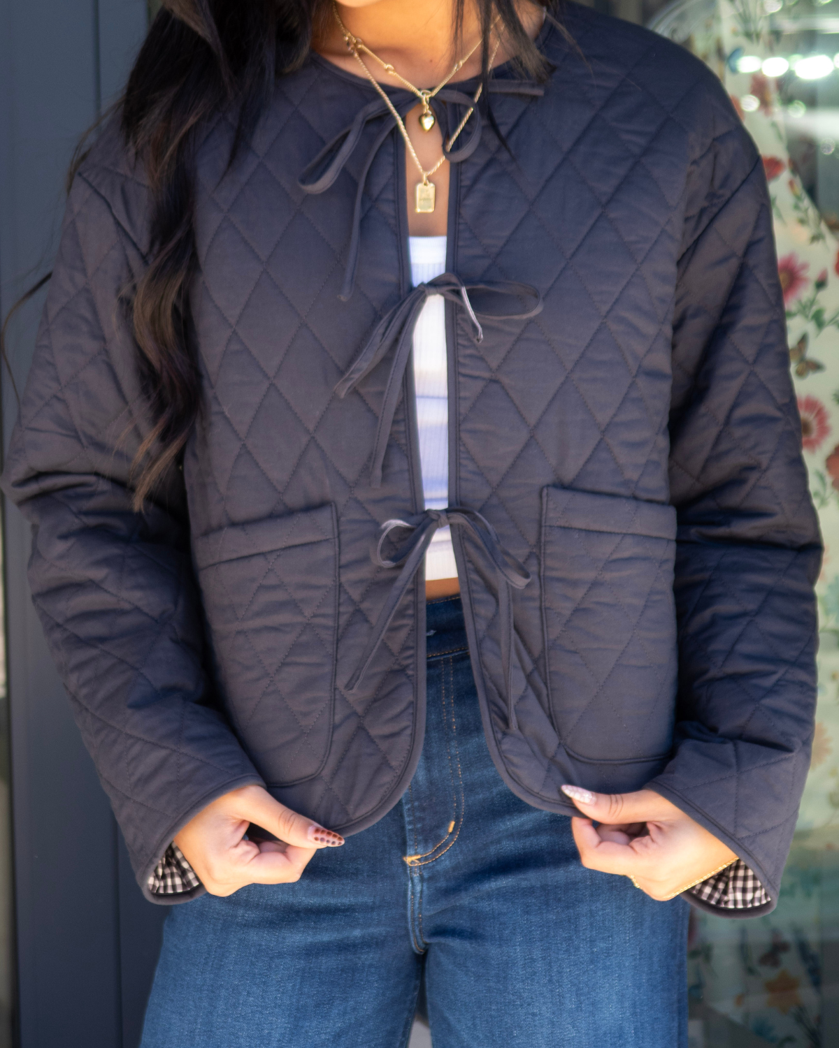 Mink Pink Blue Tie Front Reversible Quilted Jacket | Navy/White