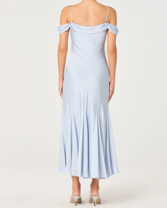 ASTR Araxie Satin Off-Shoulder Godet Midi Dress | Light Blue