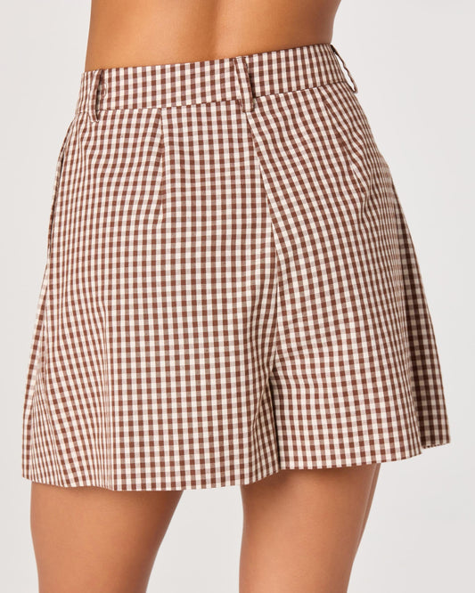 ASTR Preston Gingham Pleated High-Rise Shorts | Brown Checker