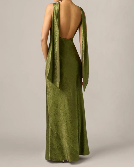 Adrianna Foil Chiffon Cowled Scarf Halter Gown | Dark Olive