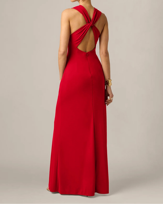 Adrianna Draped Stretch Jersey cross Back Plunge Gown | Red