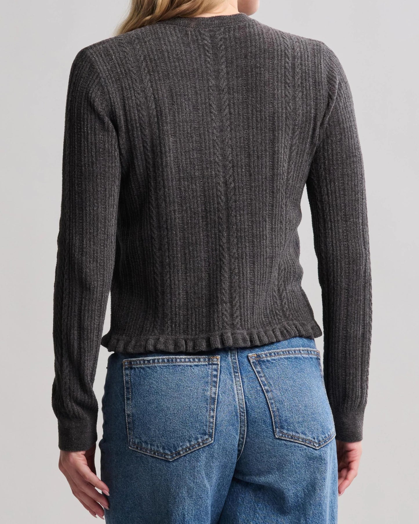 Barefoot Dreams CozyChic Cable Knit Cardigan with Ruffle | Carbon