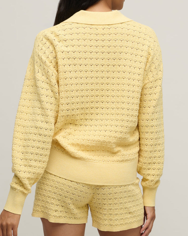 Barefoot Dreams Cotton Tulip Pointelle Collared Pullover | Heathered Canary