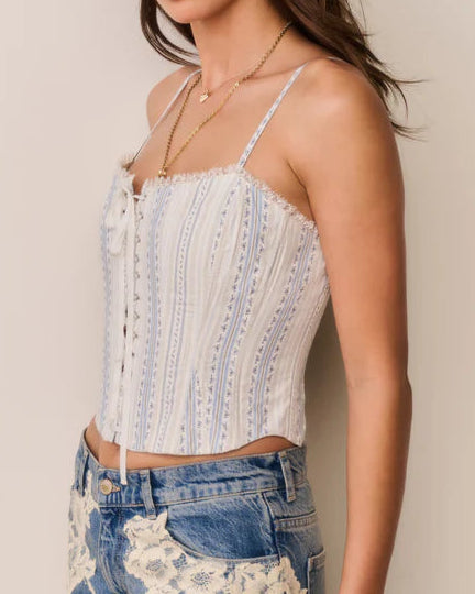 Love Shack Fancy Bensen Cotton Lace-Up Bustier | Cinched Blue