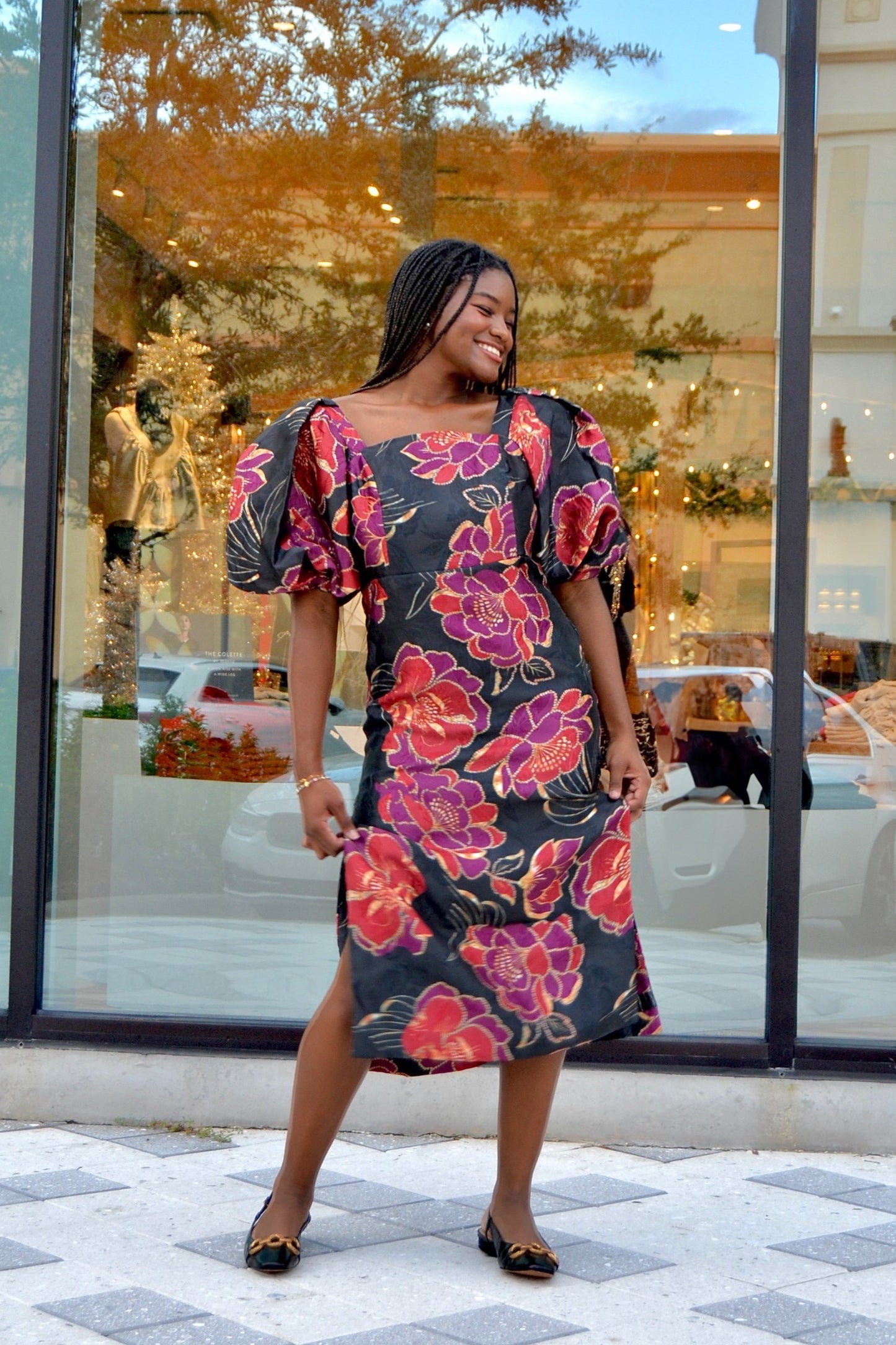 Farm Rio Black Shiny Chita Short Sleeve Midi Dress