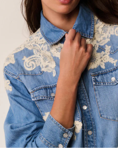 Love Shack Fancy Kelith Lace Applique Chambray Shirt | Denim