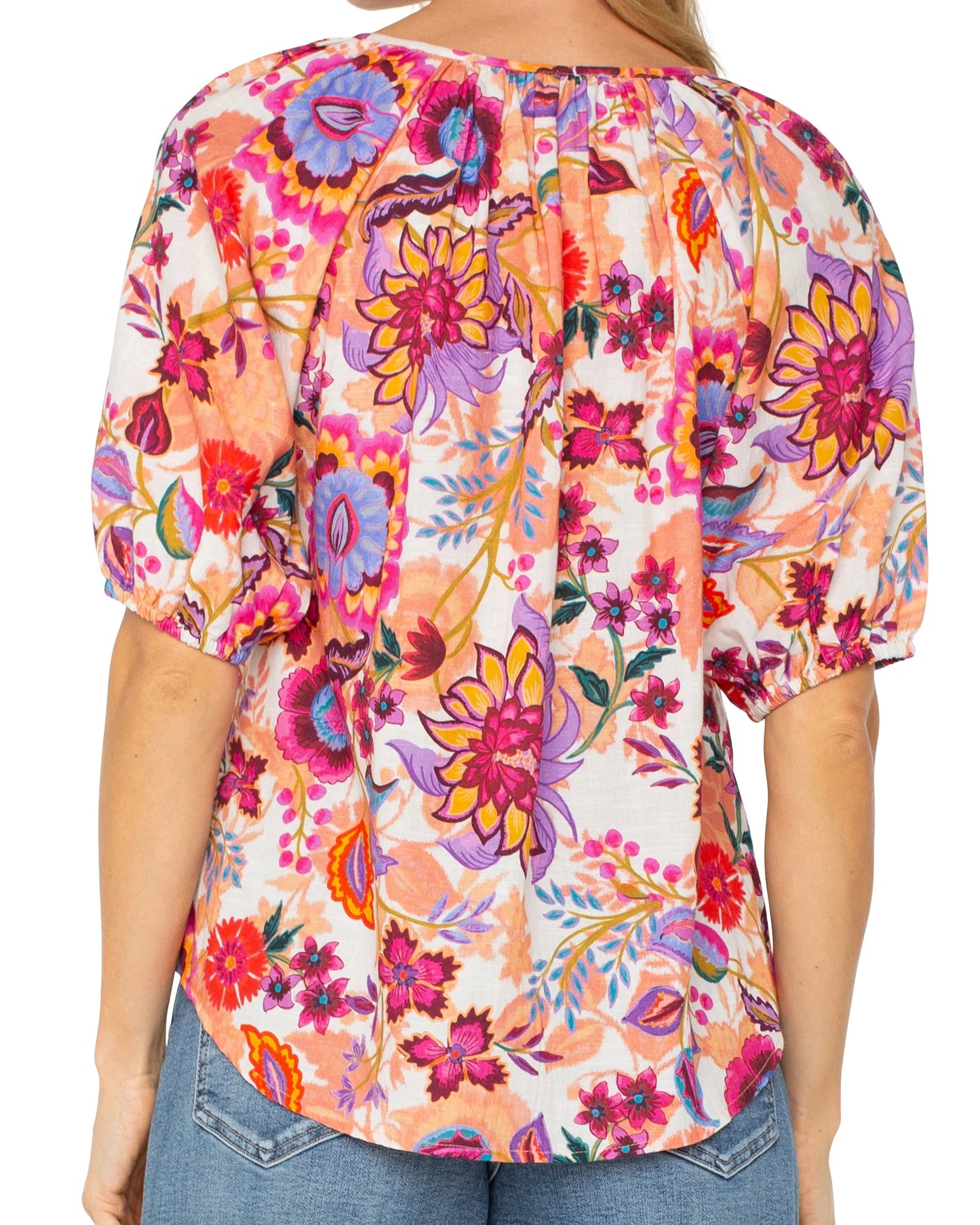 Liverpool Button Front Shirred Woven Top | Floral Paradise Multi