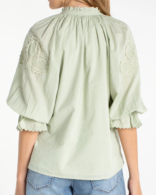 Liverpool 3/4 Sleeve Button Front Woven Top | Matcha