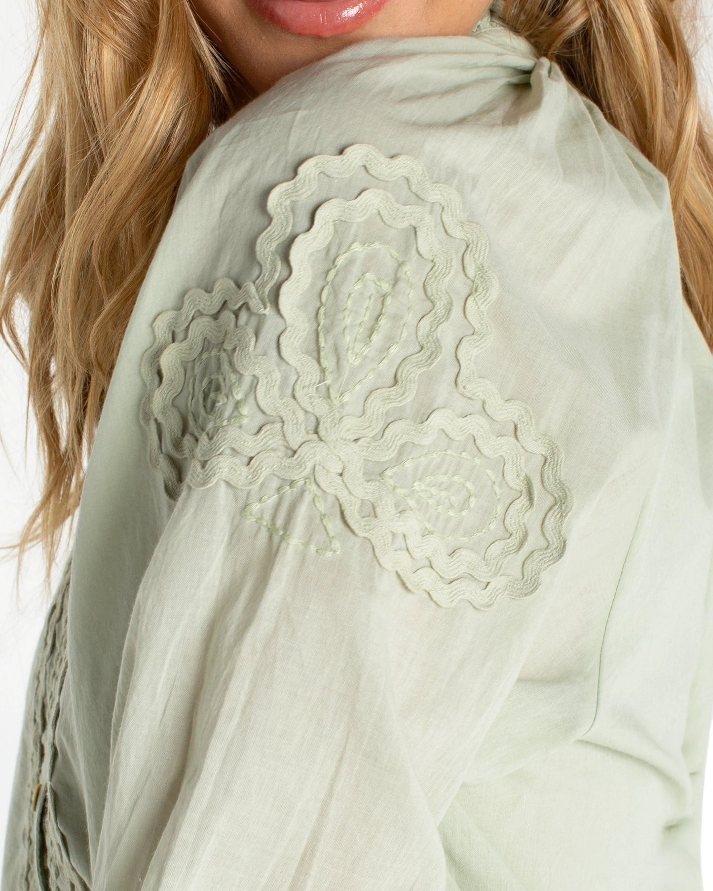 Liverpool 3/4 Sleeve Button Front Woven Top | Matcha