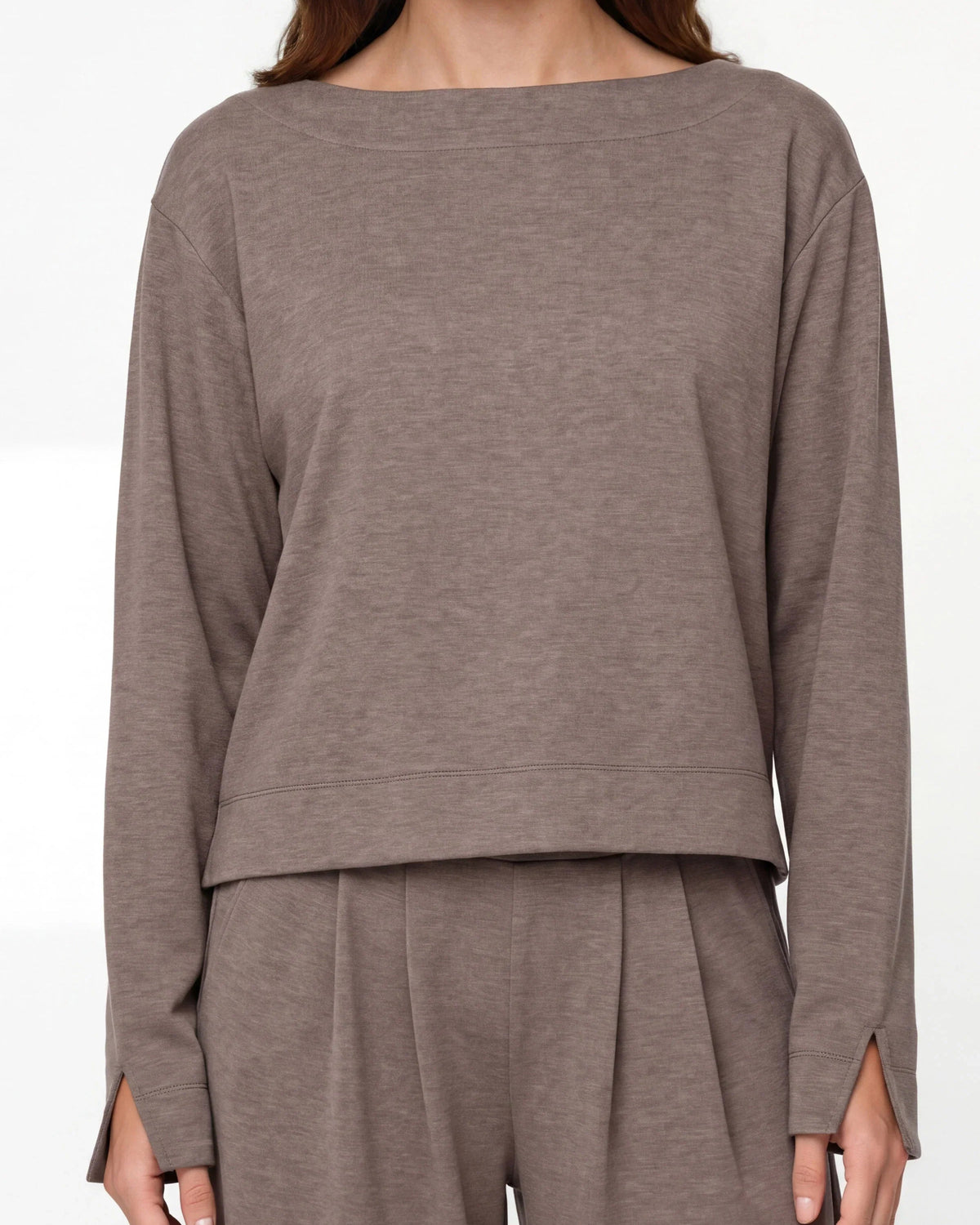 Liverpool Long Sleeve Boat Neck Top | Heathered Taupe