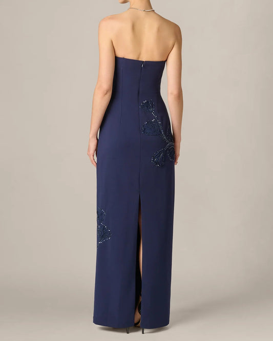 Aidan Mattox Strapless Floral Beaded Soutache Column Gown | Dark Navy