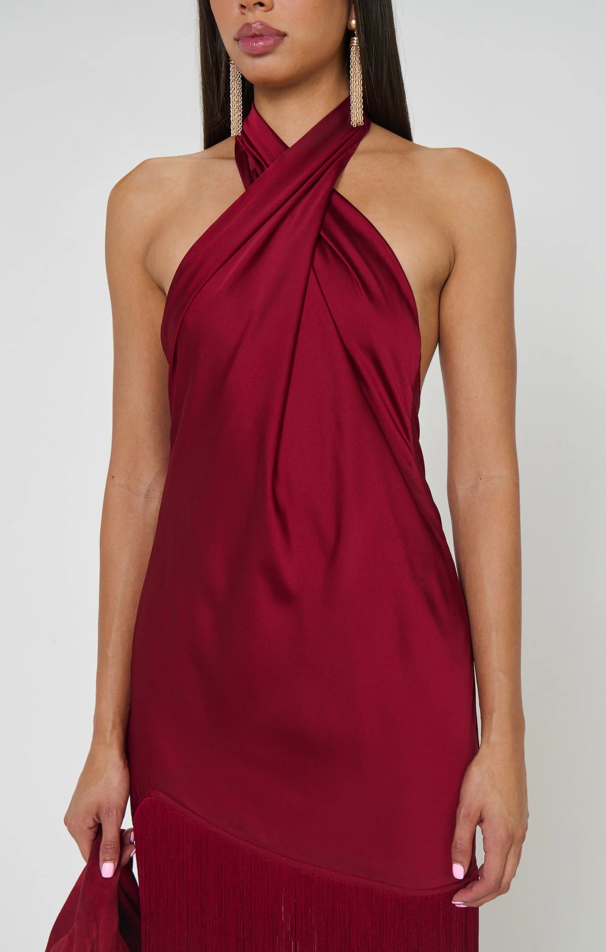 Show Me Your Mumu Jasmine Fringe Maxi Dress | Cranberry Luxe Satin