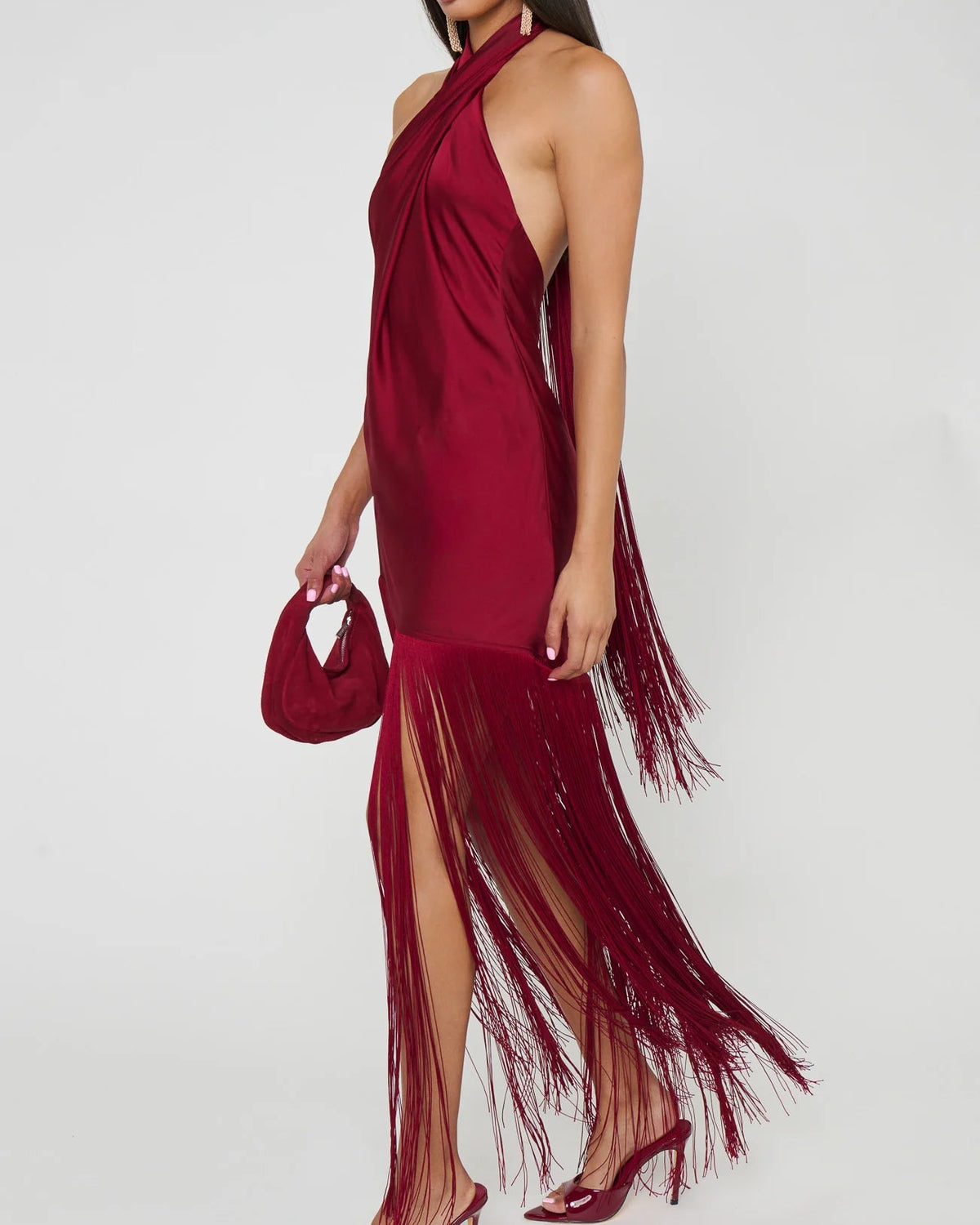 Show Me Your Mumu Jasmine Fringe Maxi Dress | Cranberry Luxe Satin