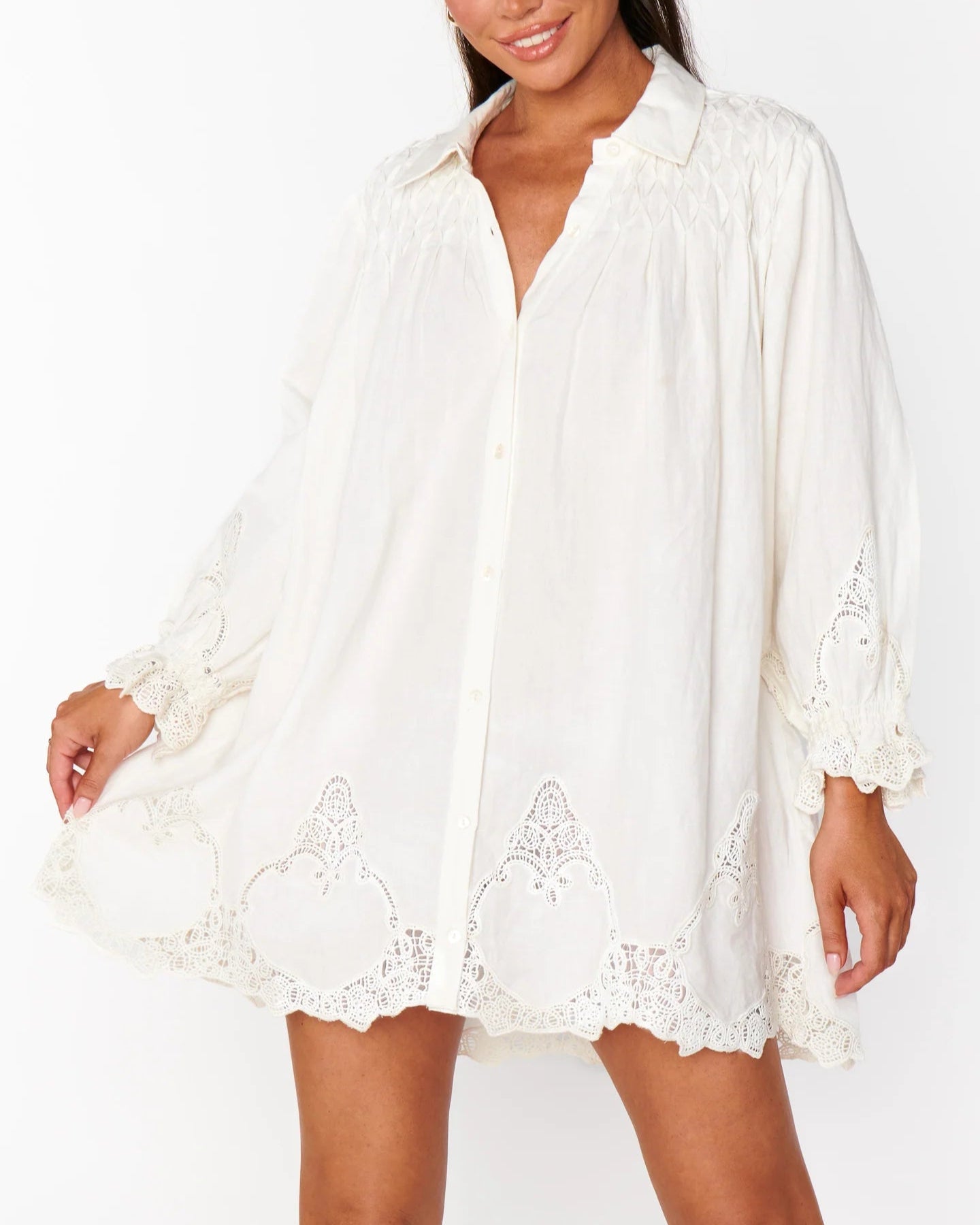 Show Me Your Mumu Leona Mini Dress | White Lace Embroidery