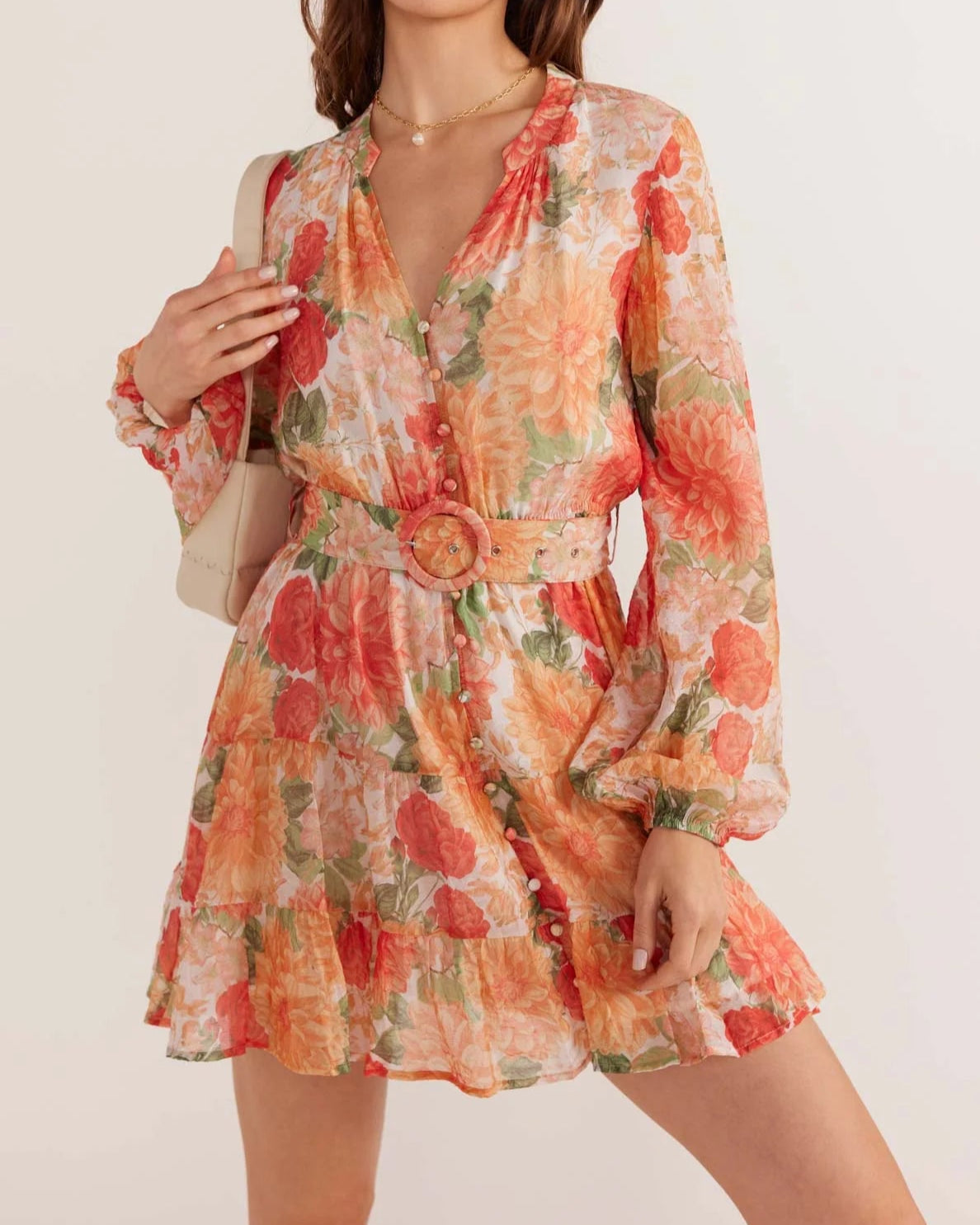 Mink Pink Aida Long Sleeve Mini Dress | Apricot Floral