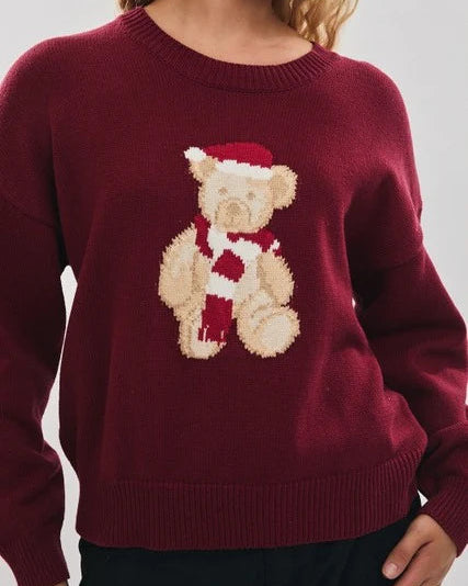 Le Lis Santa Teddy Bear Sweater | Burgundy