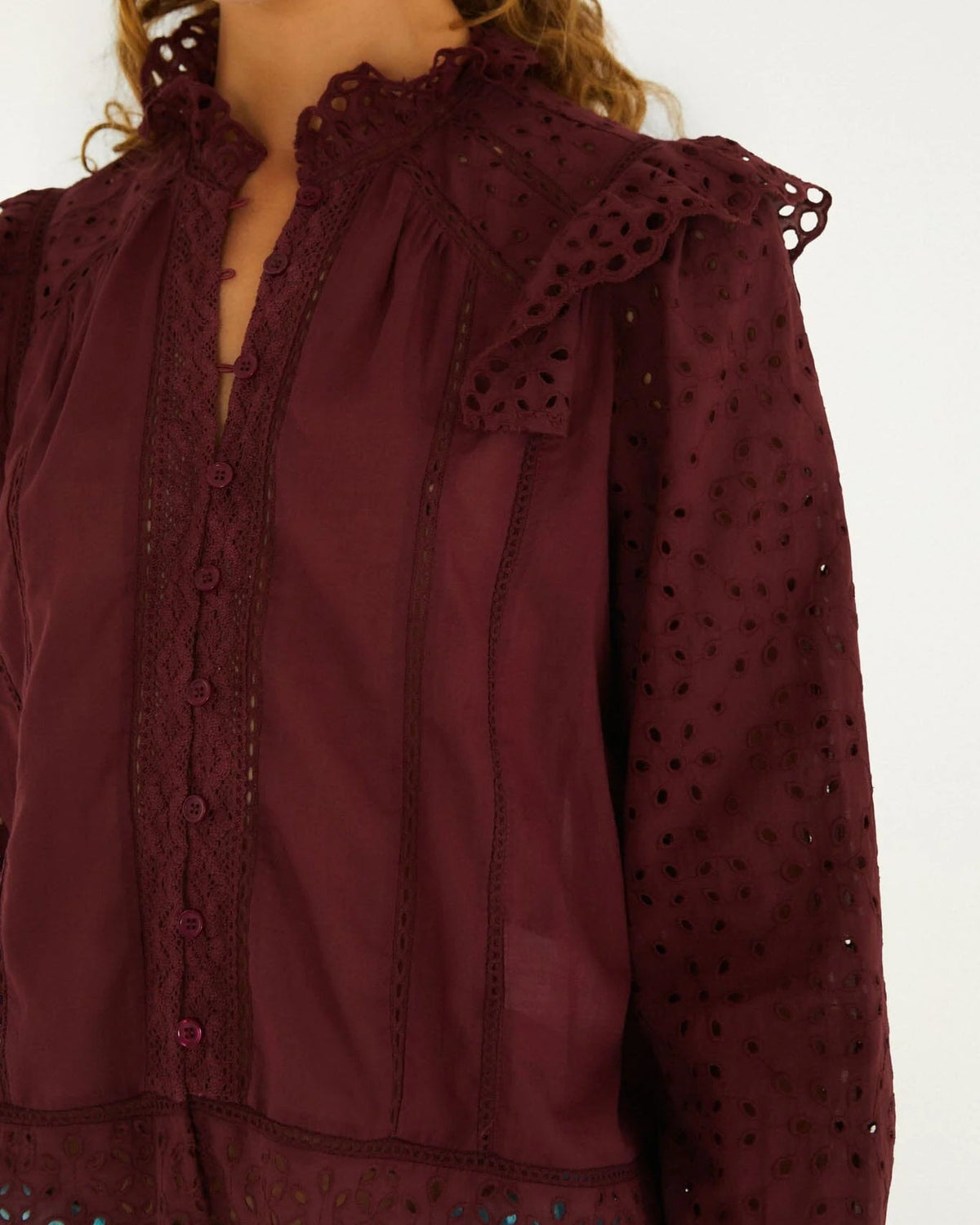 Farm Rio Eyelet Long Sleeve Ruffled Blouse