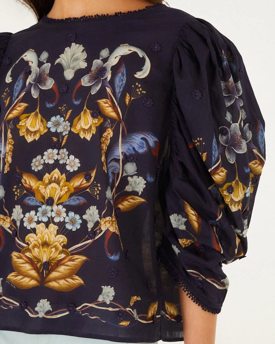 Farm Rio Golden Nature 3D Flower Puff Sleeve Blouse