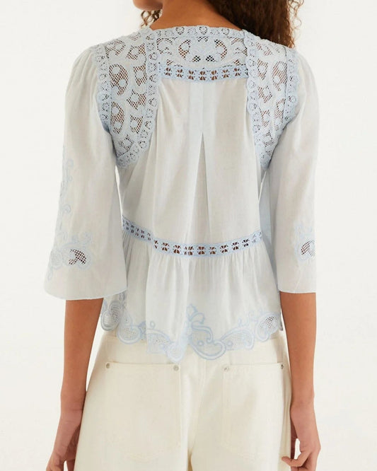Farm Rio Light Blue Richelieu Short Sleeve Blouse