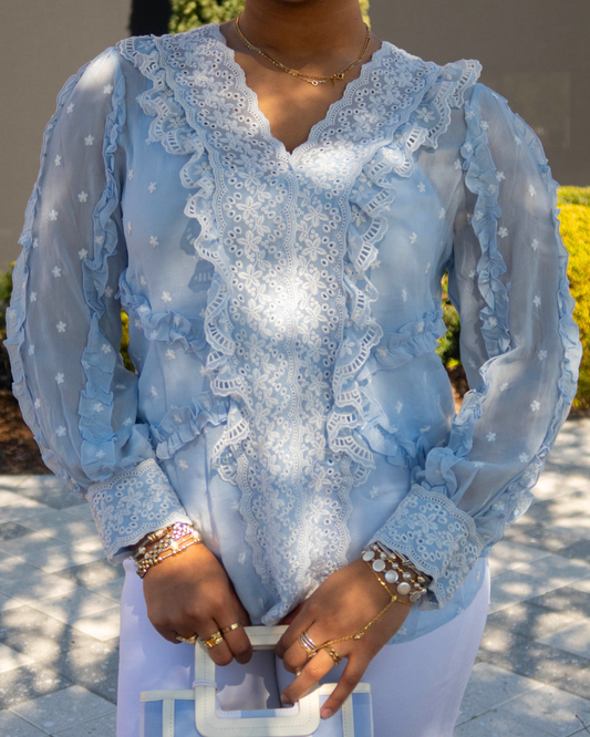 Hale Bob Aliza Swiss Dot Chiffon Top | Blue