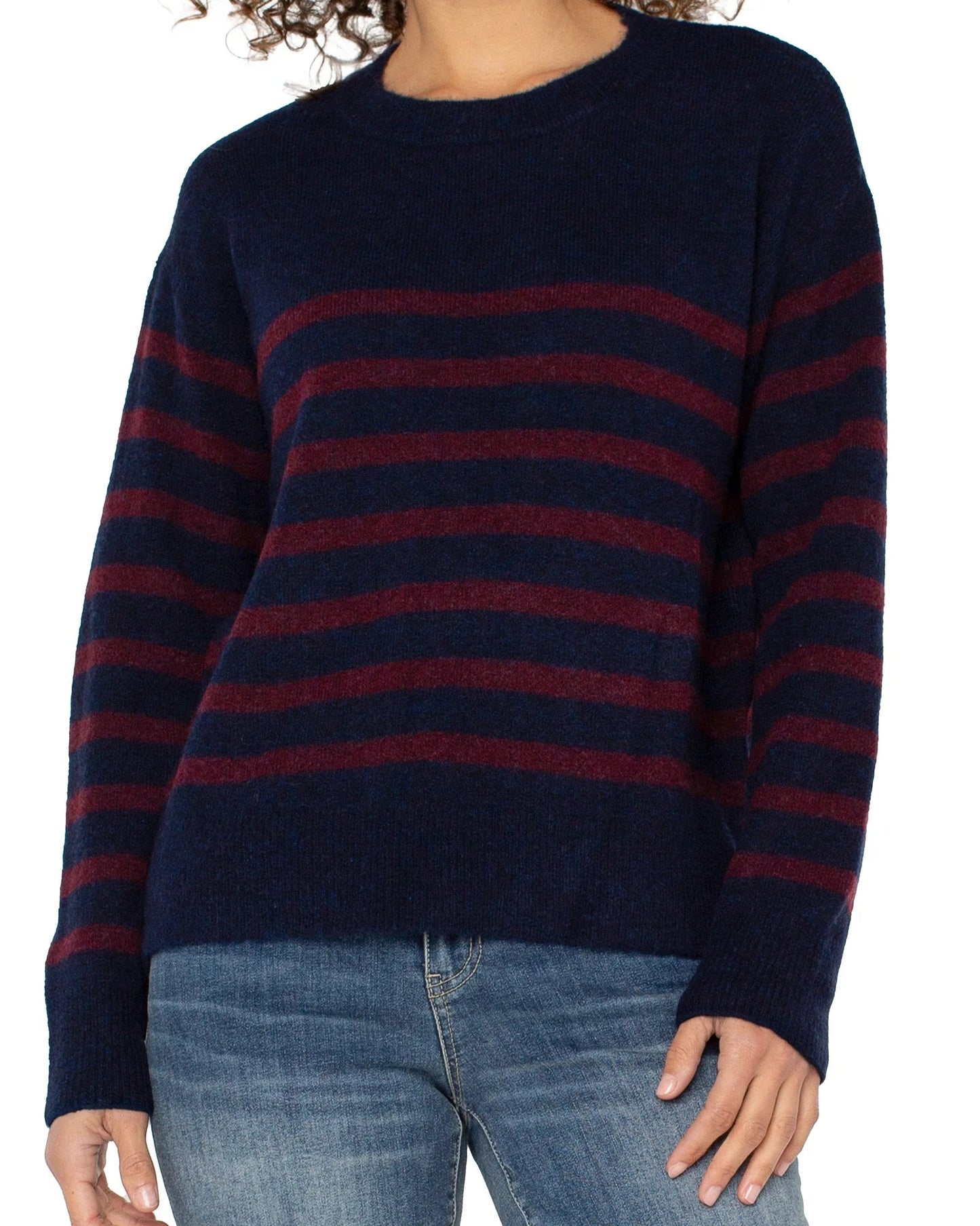 Liverpool Crew Neck Drop Shoulder Sweater | Burgundy Navy Stripe