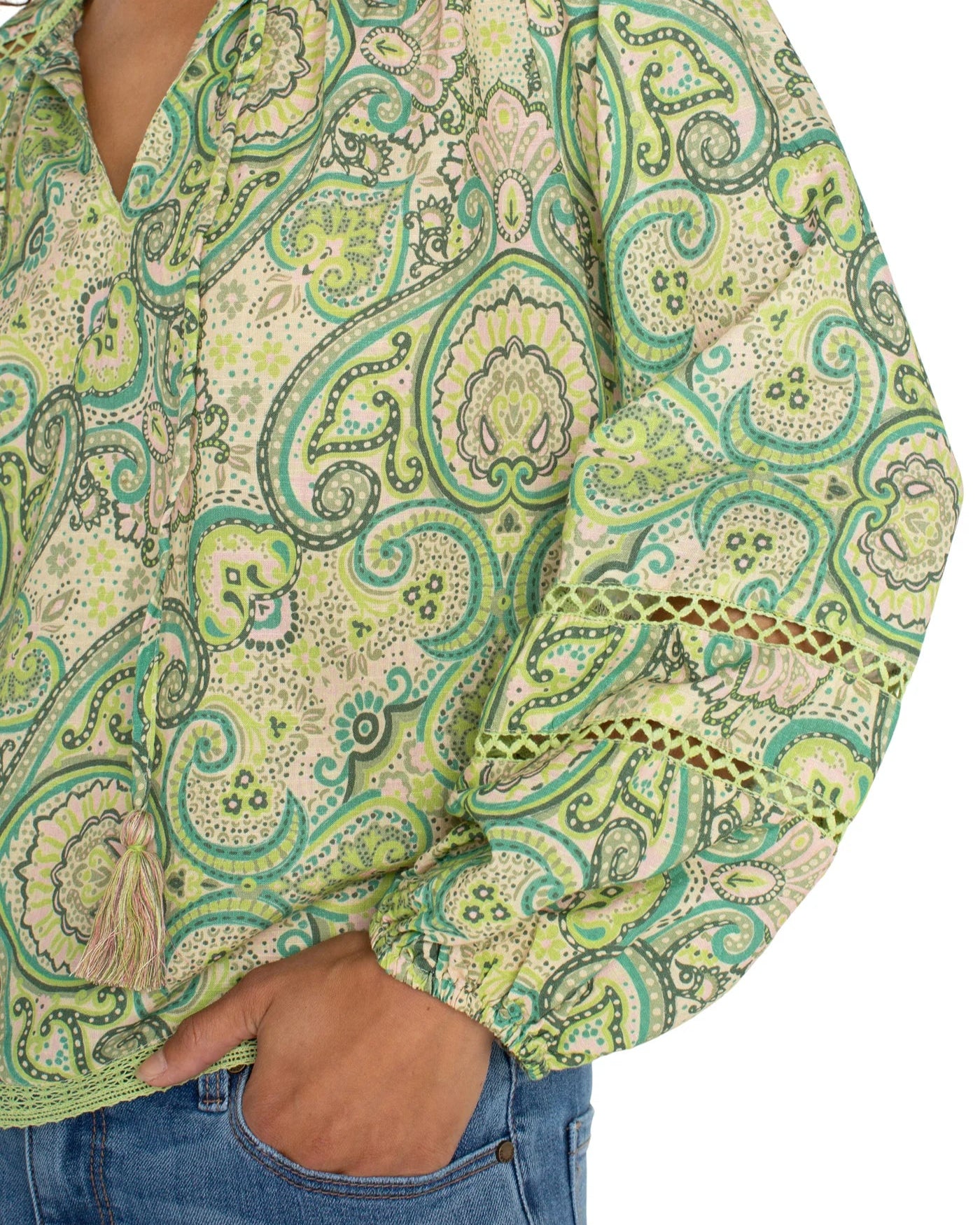 Liverpool Tie Front Shirred Blouse With Trim | Green Pink Paisley