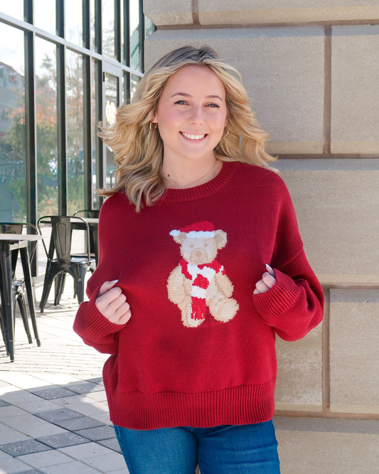 Le Lis Santa Teddy Bear Sweater | Burgundy