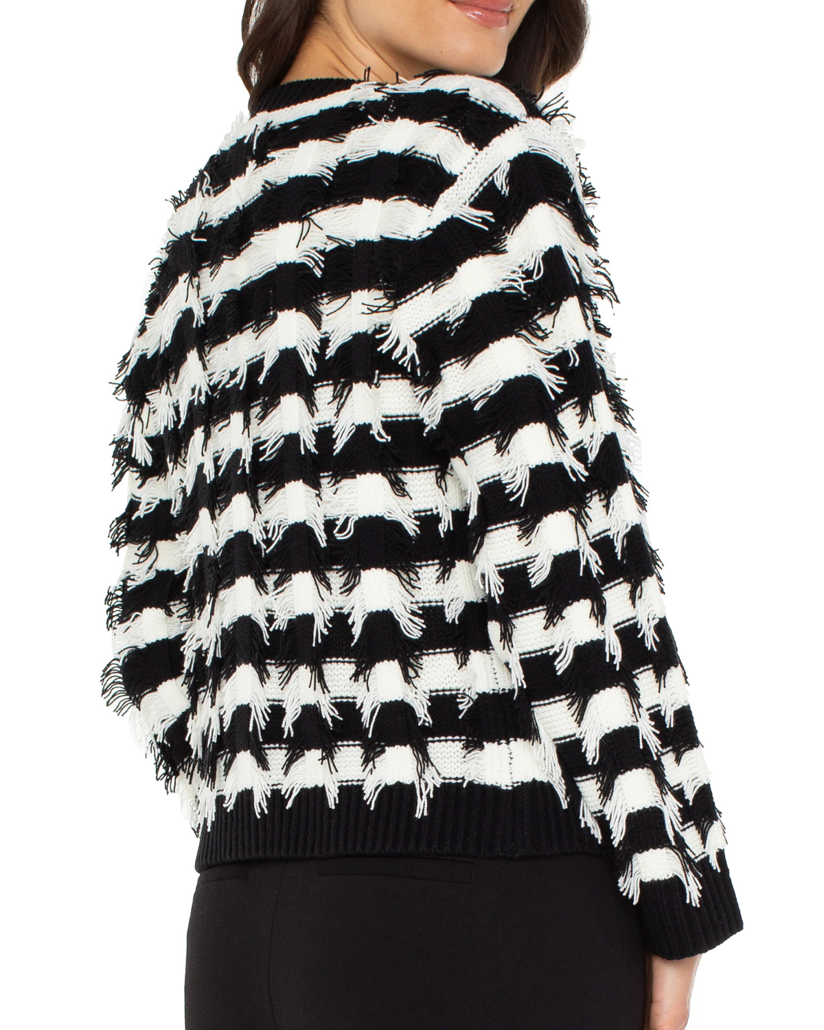 Liverpool Long Sleeve Cardigan Sweater | Black White Fringe Stripe