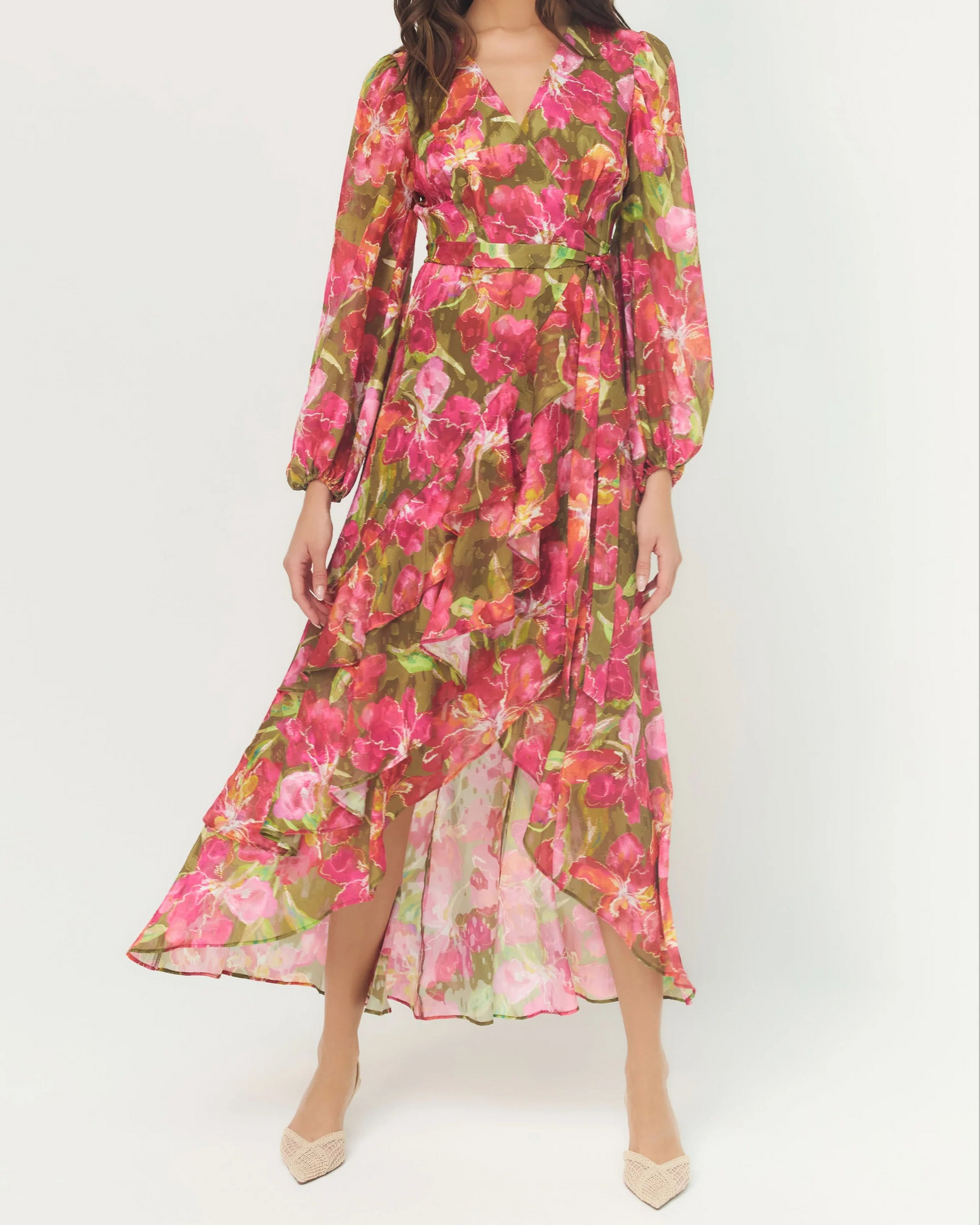 Hutch Sadey Dress | Olive/Multi Watercolor Vivid Orchids