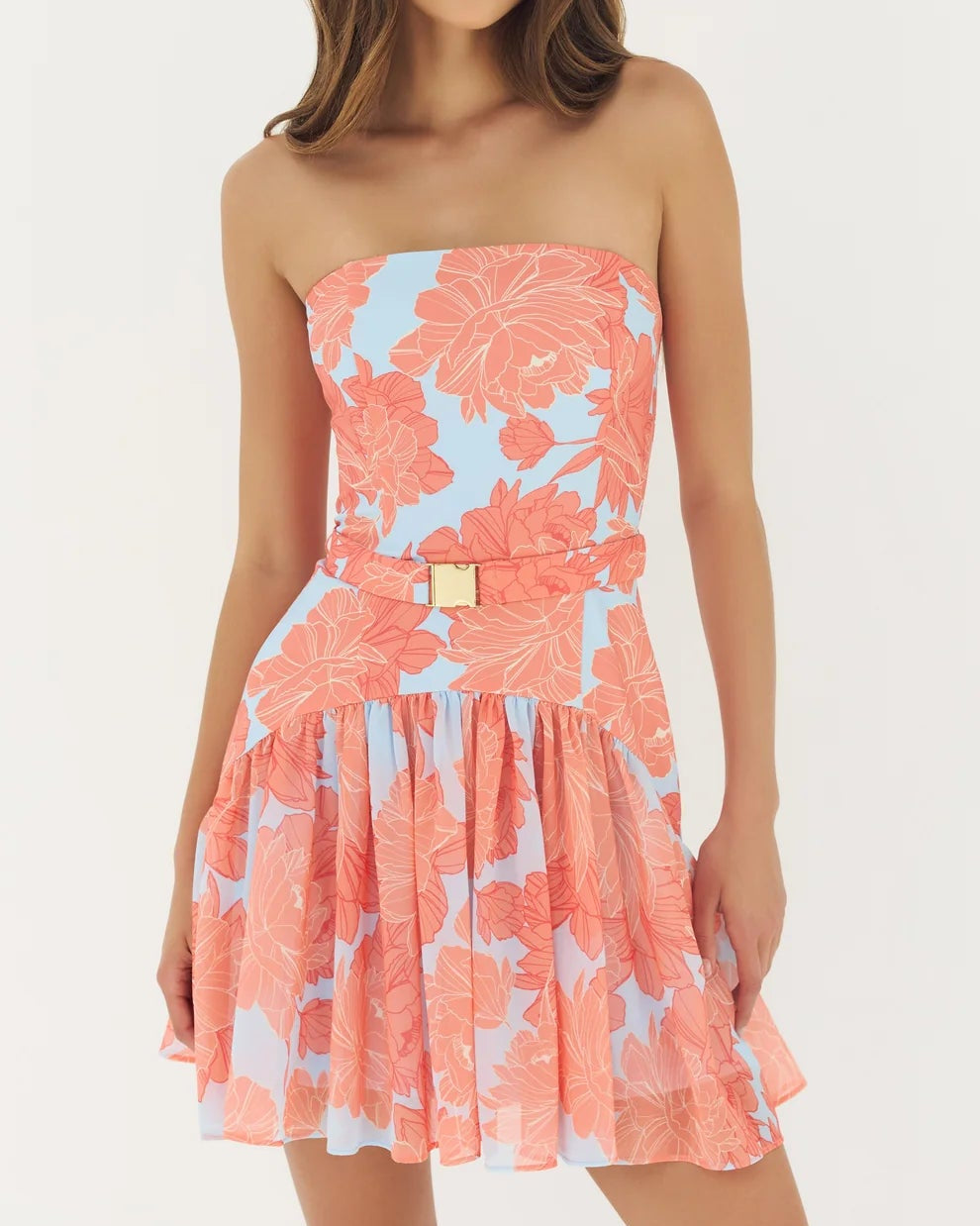 Hutch Rowyn Dress | Sky/Coral Layered Outline Peonies