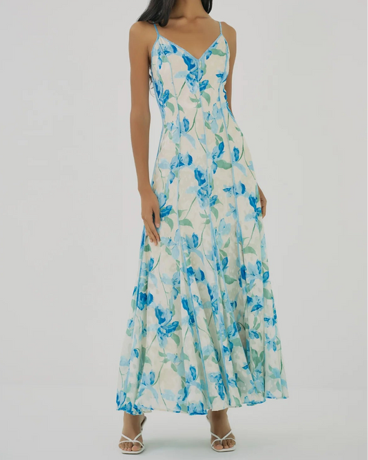 Hutch Tamsin Dress | Ivory/Sky Watercolor Vining Daffodils
