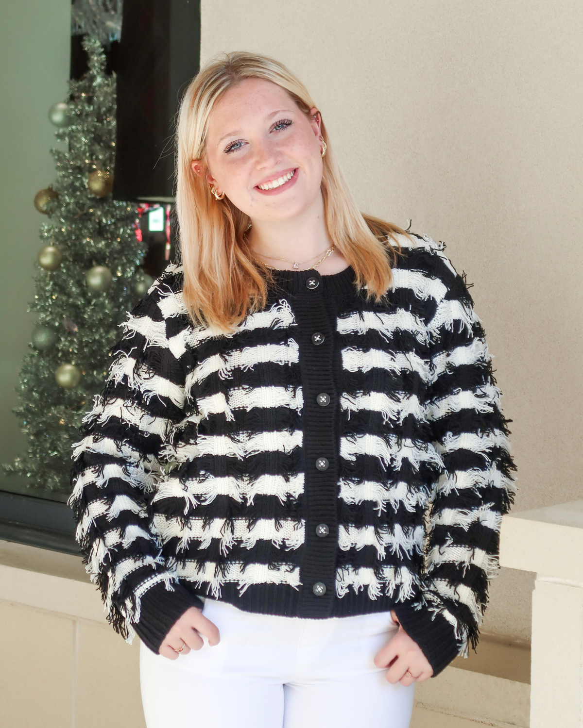 Liverpool Long Sleeve Cardigan Sweater | Black White Fringe Stripe